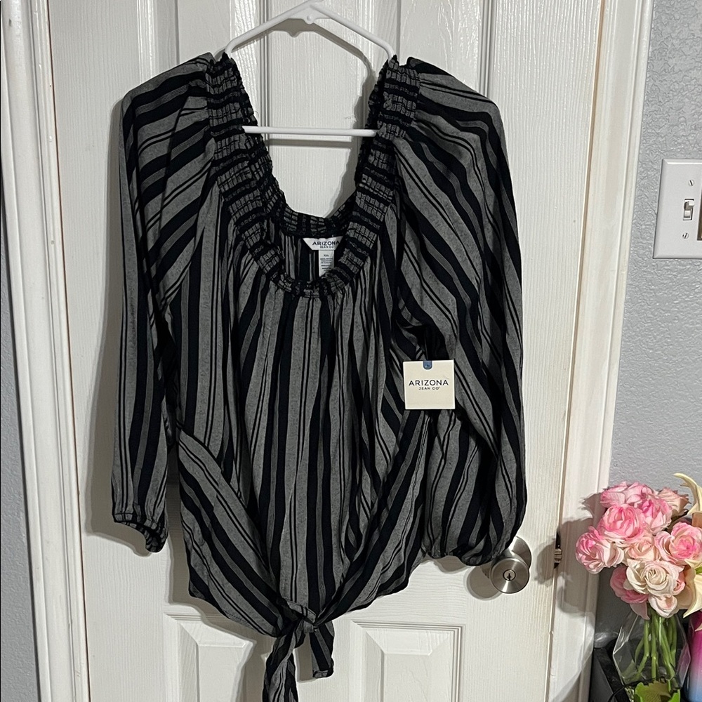 Arizona Jean Company Black and Gray Striped Tie-Front Peasant Blouse